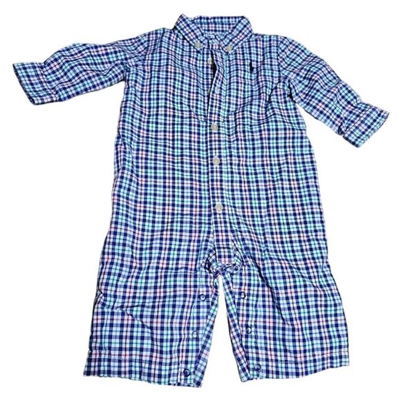 RALPH LAUREN Blue Plaid Lined Boy’s Romper Coverall - Size 3M - Picture 1 of 5